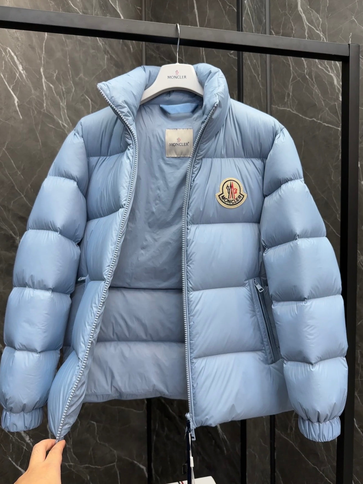 Moncler Stand-Collar Puffer Jacket with Large Logo Patch