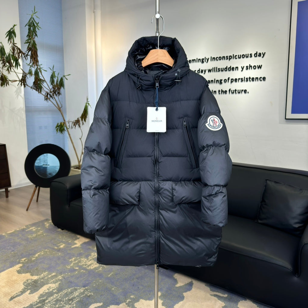 Moncler Bosona Long Hooded Puffer Coat with Oversized Logo Patch