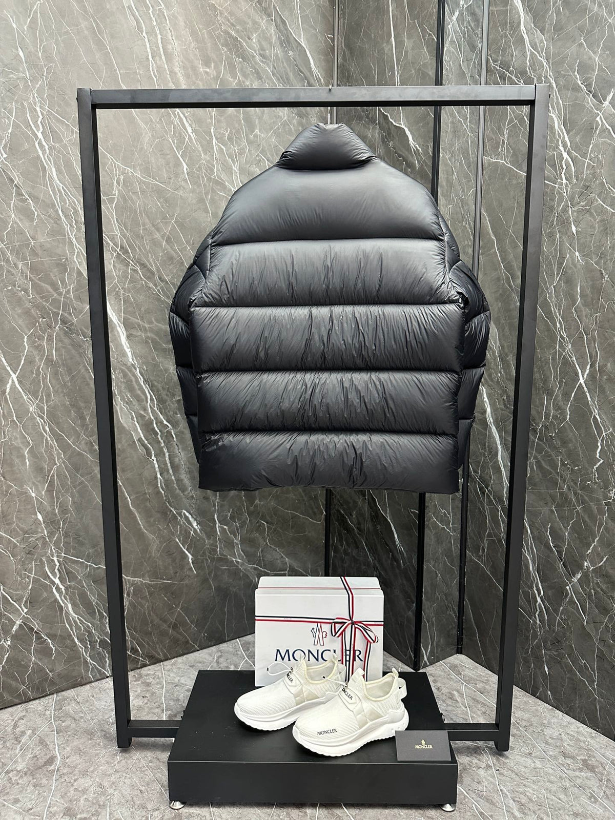 Moncler Stand-Collar Puffer Jacket with Large Logo Patch