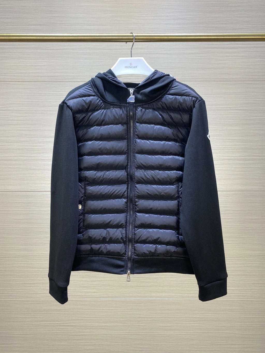 Moncler Hooded Knit-Sleeve Down Jacket – Black