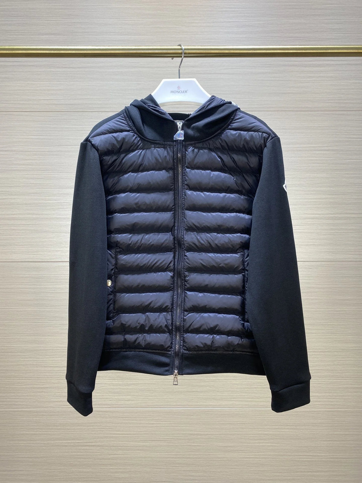 Moncler Hooded Knit-Sleeve Down Jacket – Black