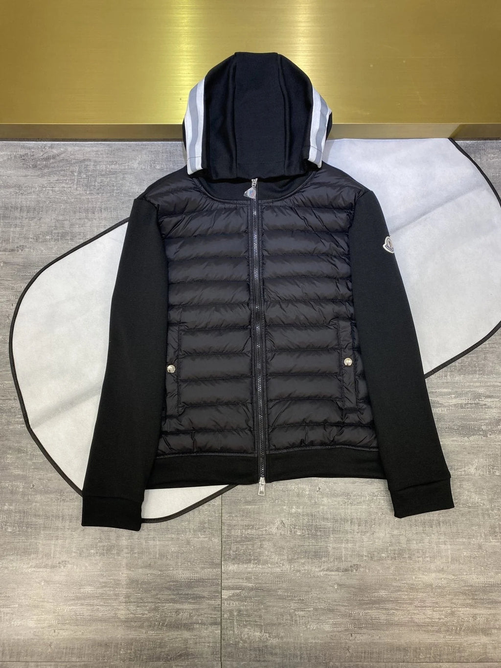 Moncler Hooded Knit-Sleeve Down Jacket – Black