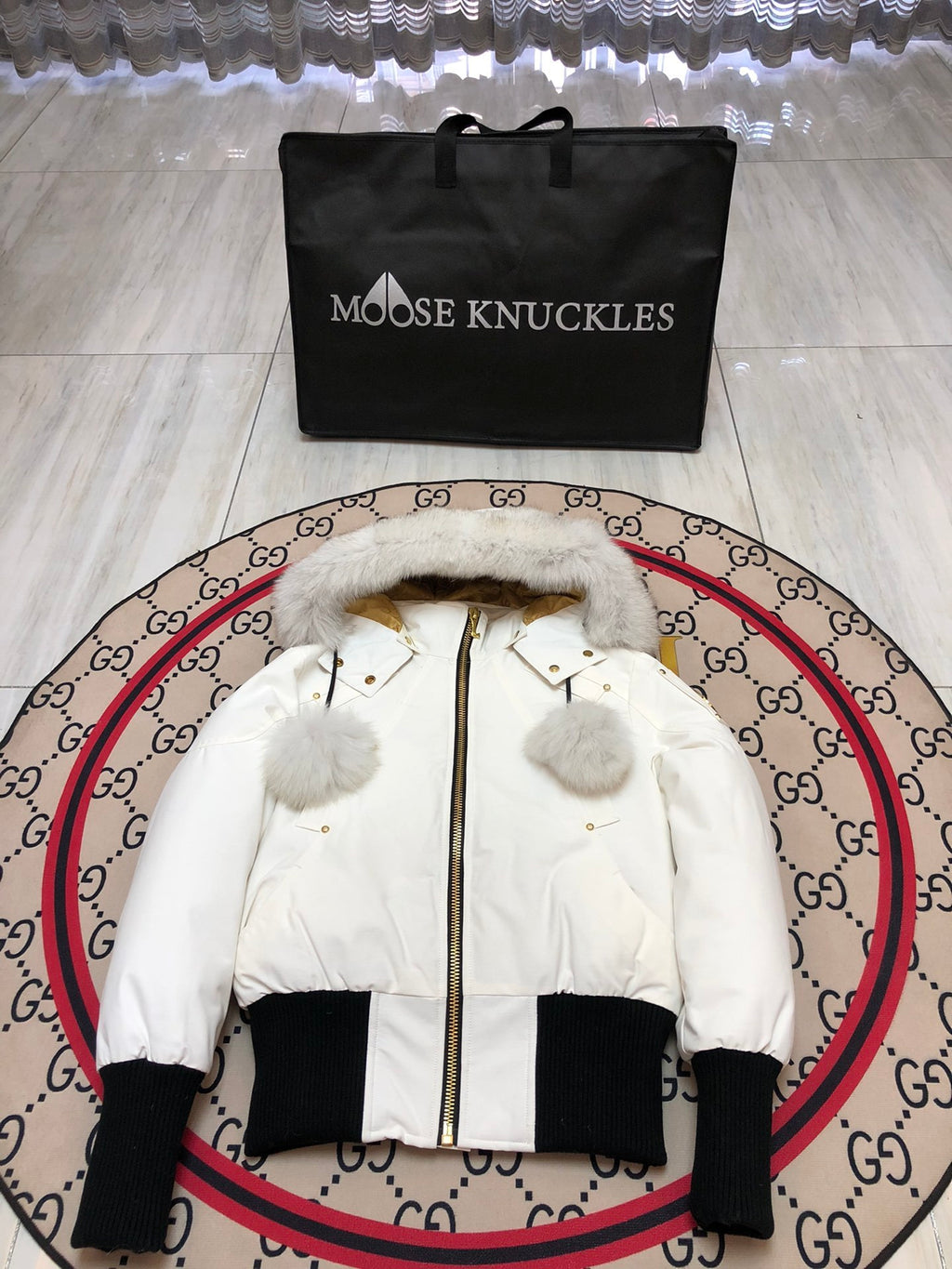 Moose Knuckles Women's Hooded Bomber Jacket with Pom-Pom Detail