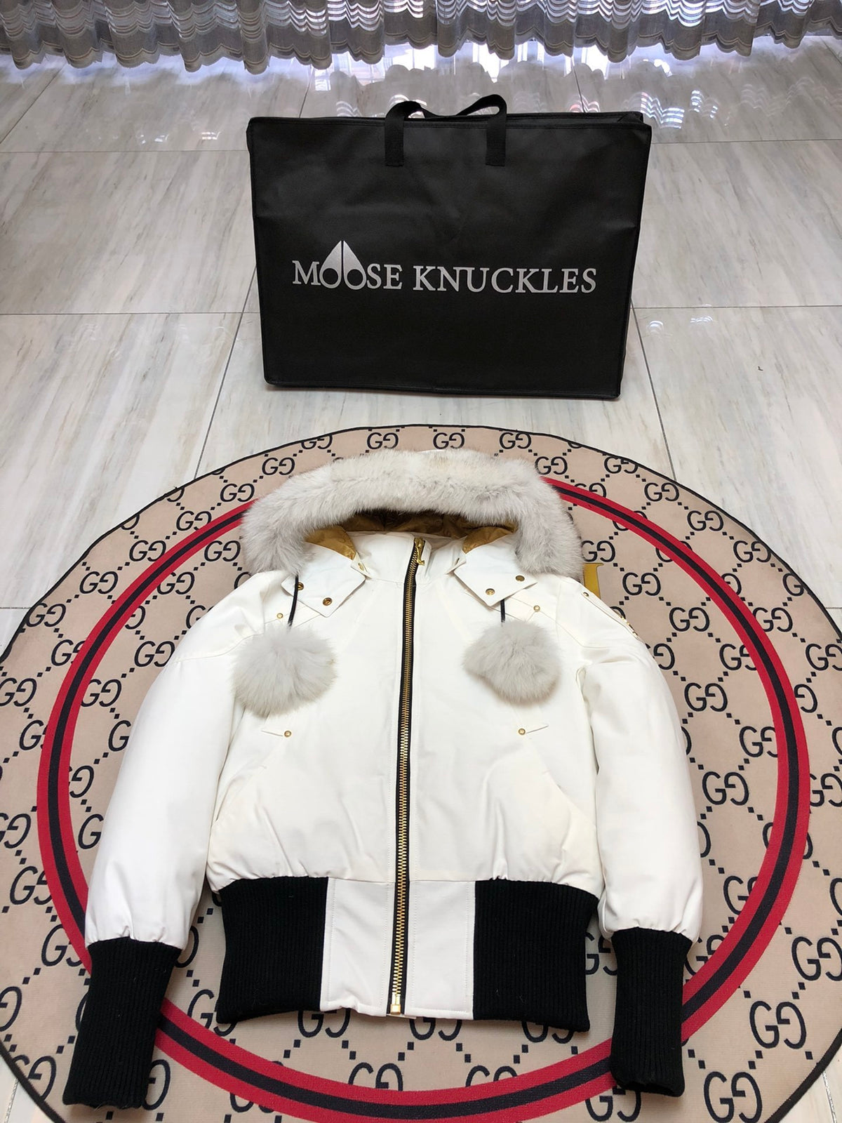 Moose Knuckles Women's Hooded Bomber Jacket with Pom-Pom Detail