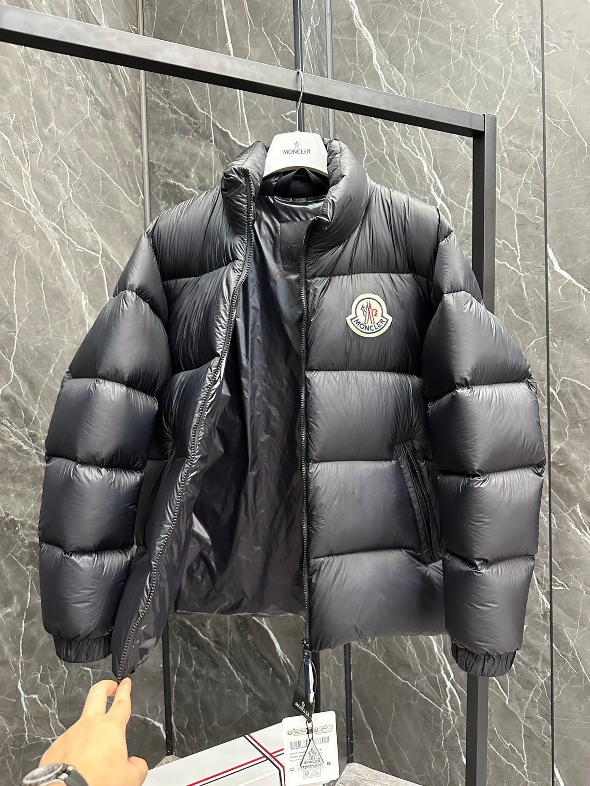 Moncler Stand-Collar Puffer Jacket with Large Logo Patch