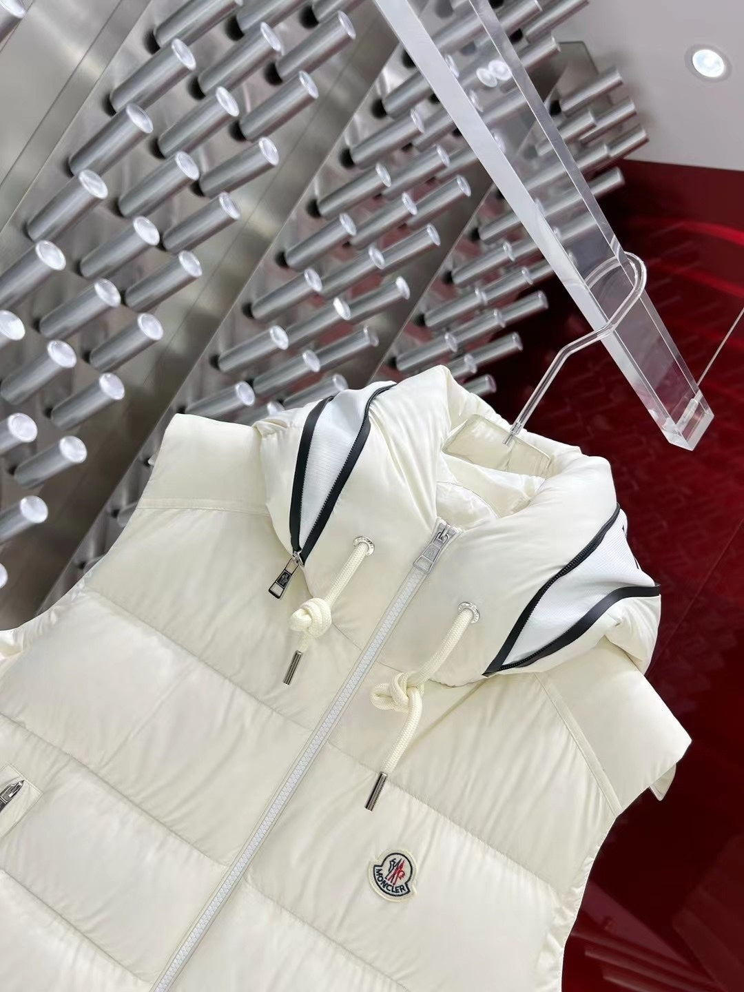 Moncler Hooded Down Vest with Logo Lettering