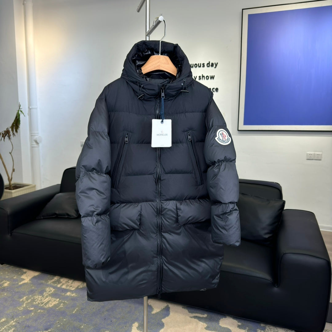 Moncler Bosona Long Hooded Puffer Coat with Oversized Logo Patch