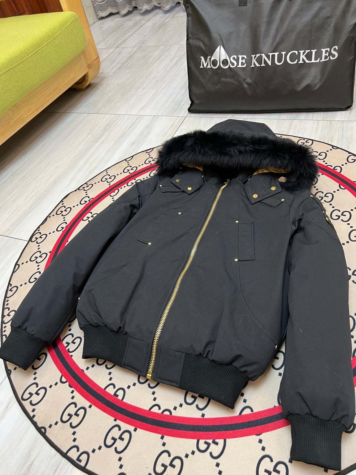 Moose Knuckles Men's Hooded Bomber Jacket with Gold-Tone Hardware