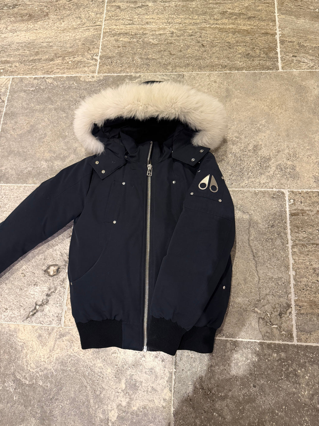 Moose Knuckles Kids' Original Shearling Hooded Bomber Jacket - Navy