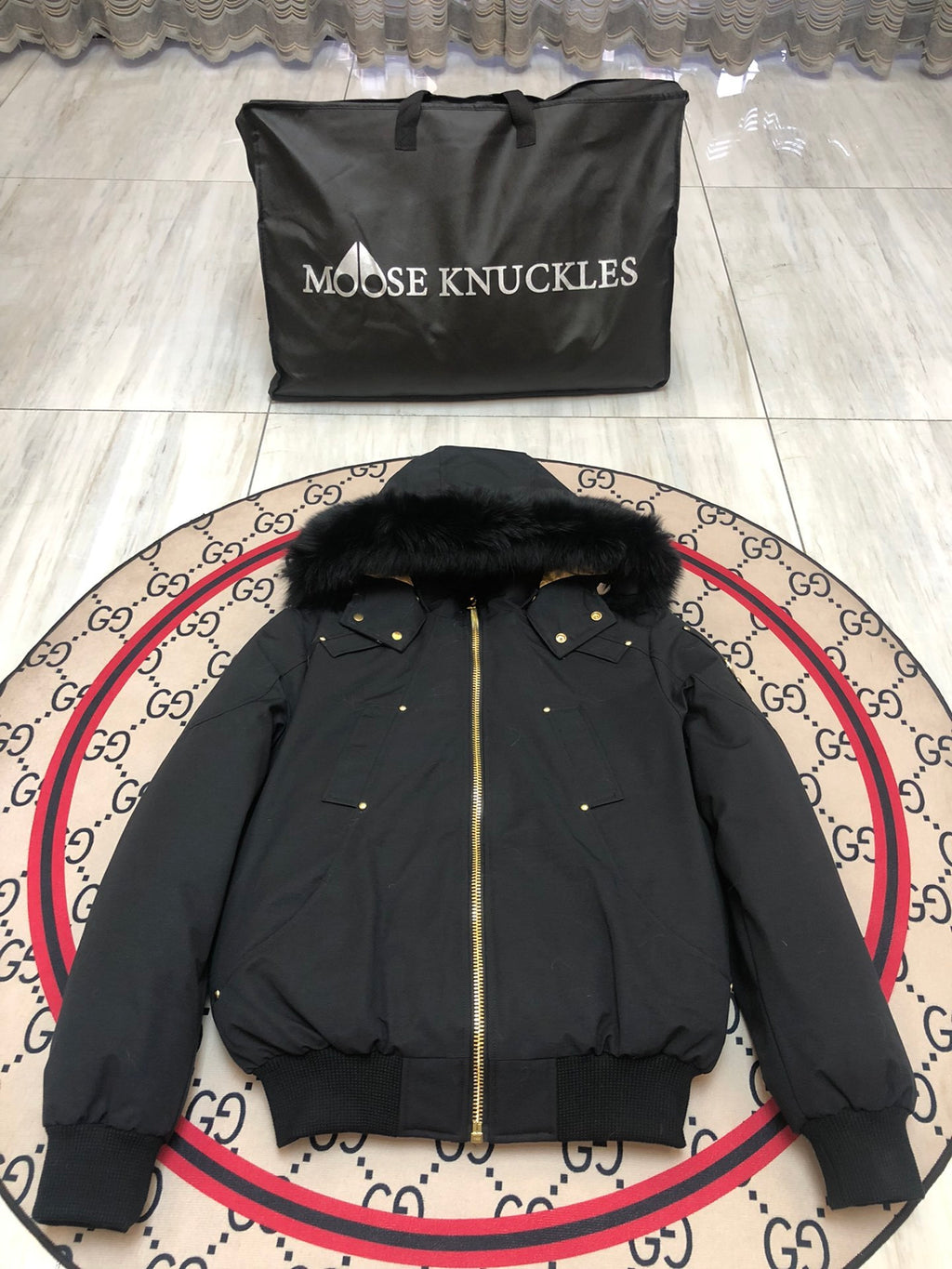 Moose Knuckles Men's Hooded Bomber Jacket with Gold-Tone Hardware