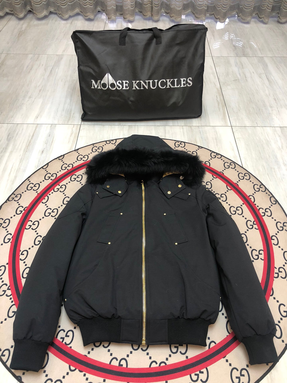 Moose Knuckles Men's Hooded Bomber Jacket with Gold-Tone Hardware
