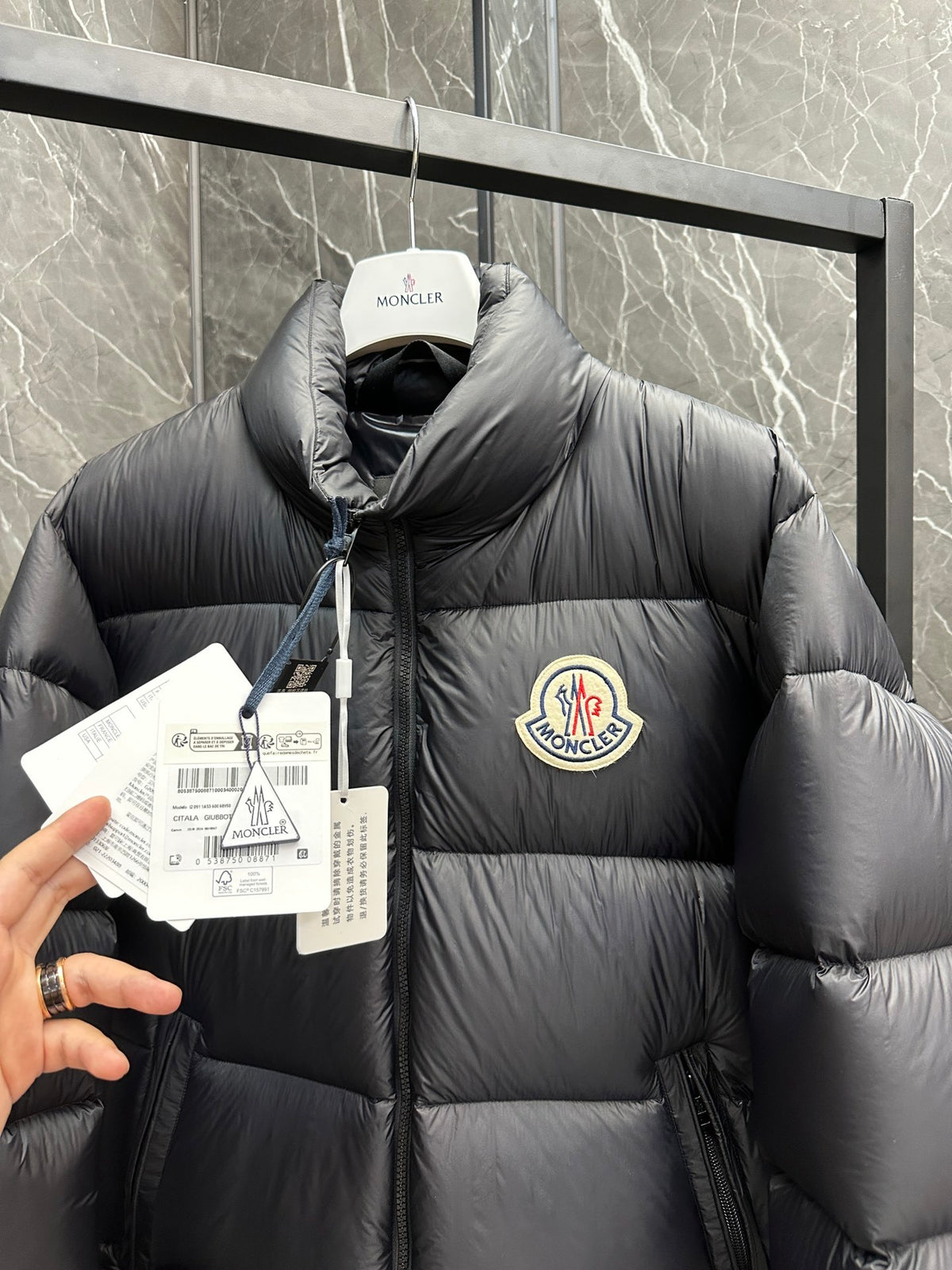 Moncler Stand-Collar Puffer Jacket with Large Logo Patch