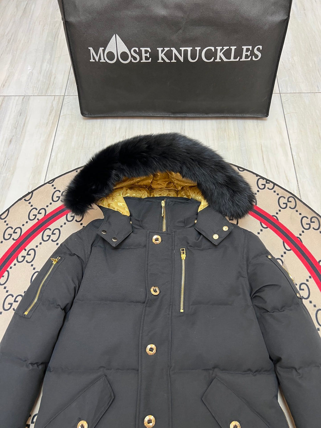 Moose Knuckles Men's Hooded Puffer Jacket with Gold-Tone Hardware
