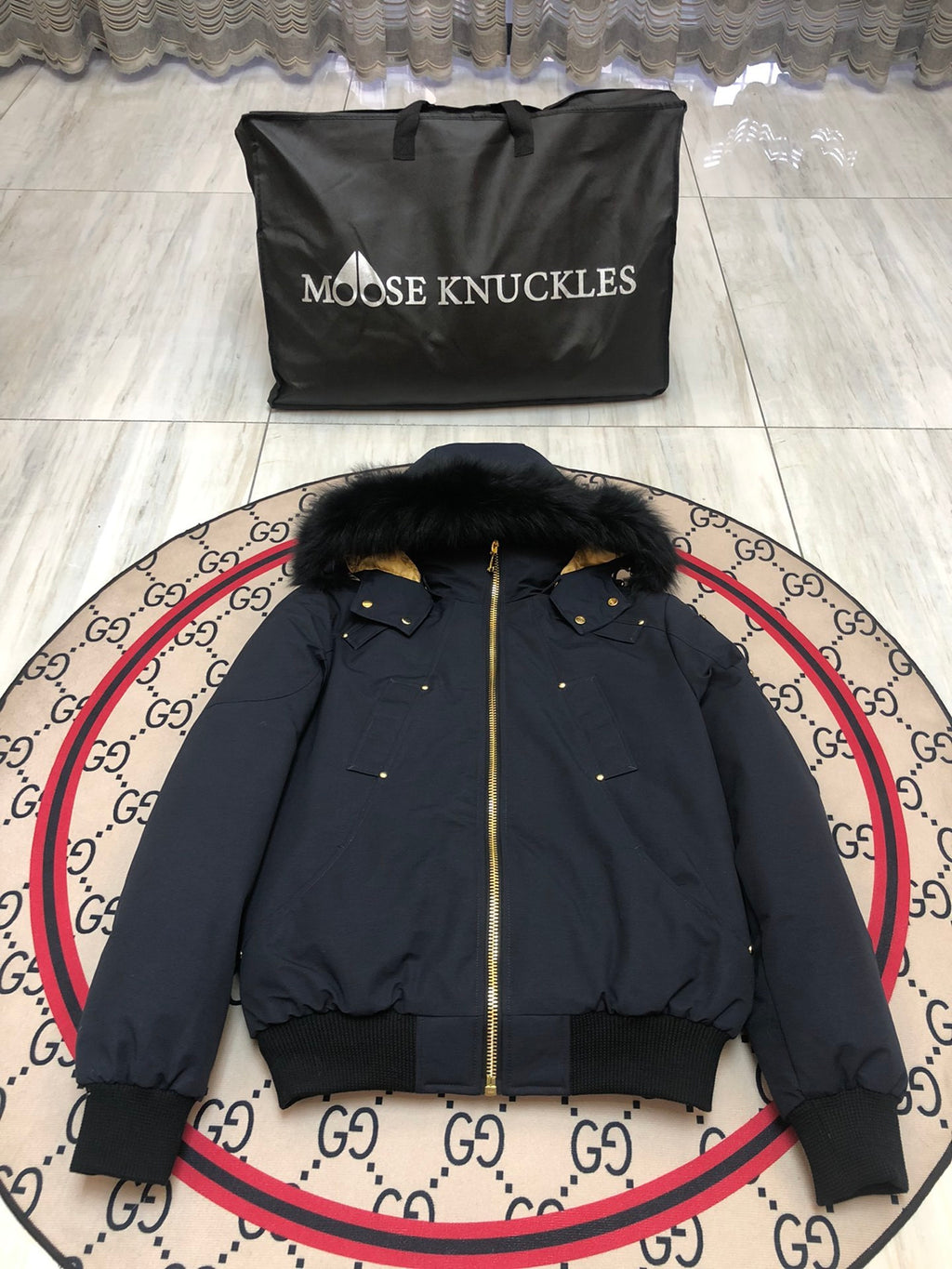 Moose Knuckles Men's Hooded Bomber Jacket with Gold-Tone Hardware