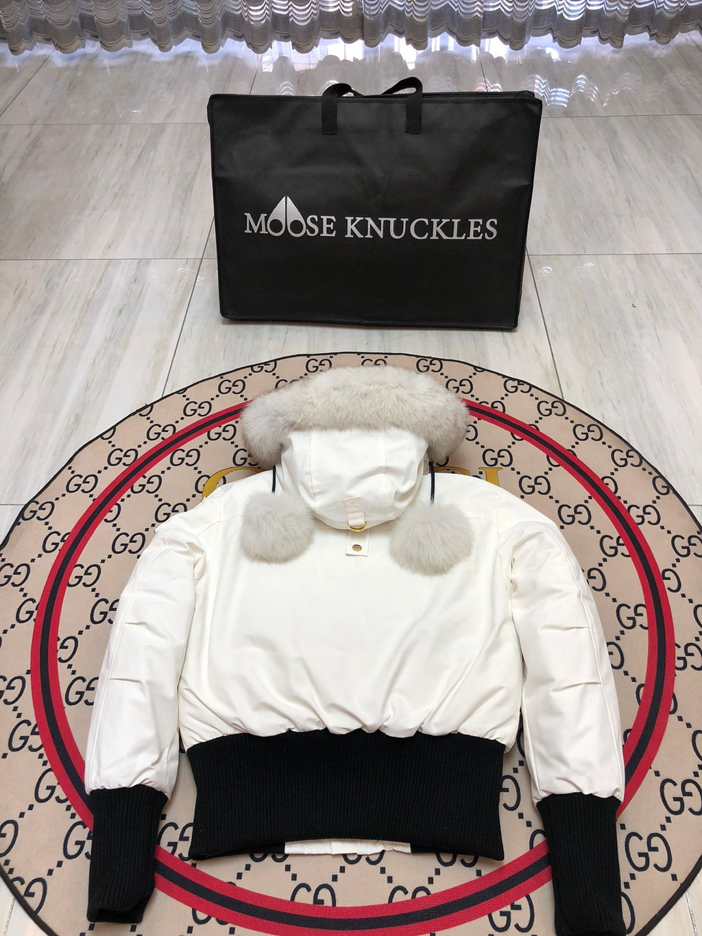 Moose Knuckles Women's Hooded Bomber Jacket with Pom-Pom Detail