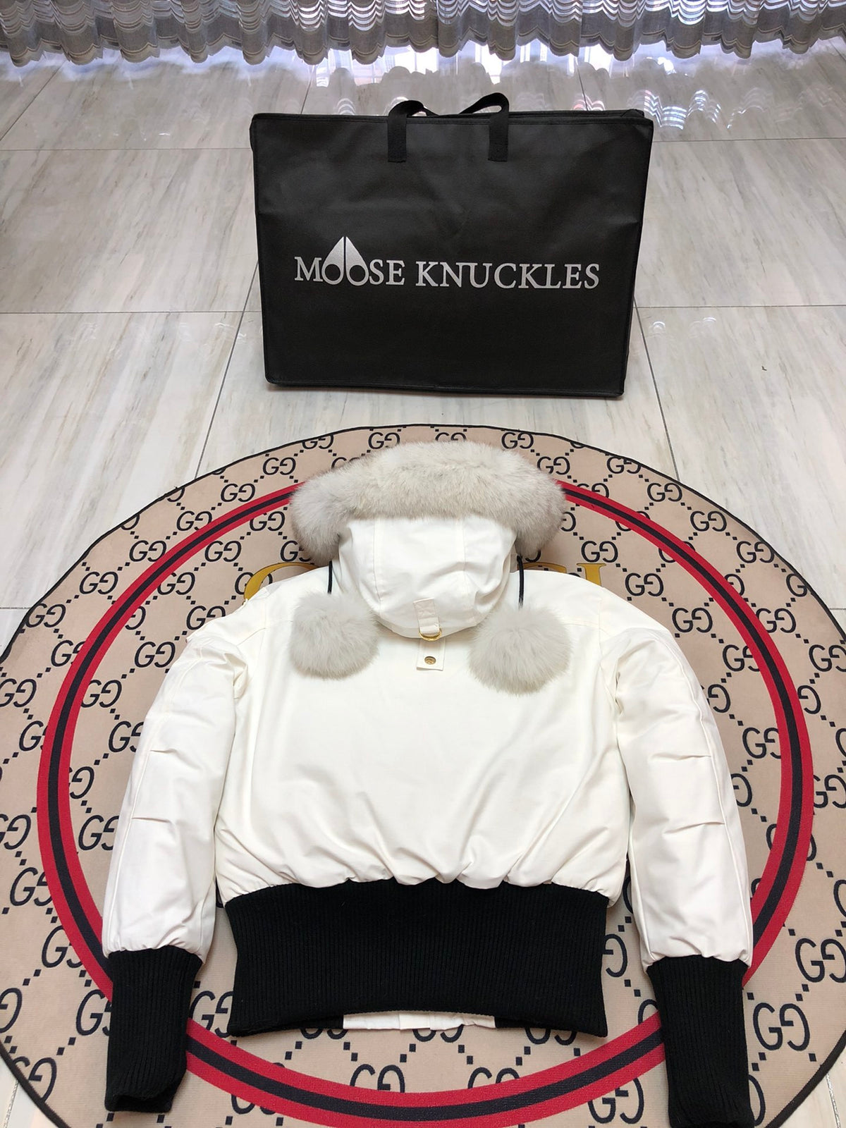 Moose Knuckles Women's Hooded Bomber Jacket with Pom-Pom Detail
