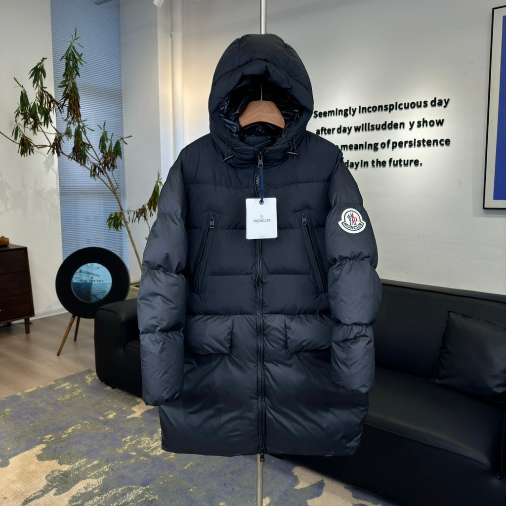 Moncler Bosona Long Hooded Puffer Coat with Oversized Logo Patch