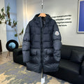 Moncler Bosona Long Hooded Puffer Coat with Oversized Logo Patch